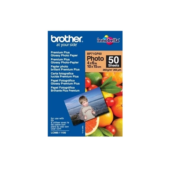 BROTHER Fotópapír BP71GP50, Prémium fényes fotópapír (4" x 6" / 50 lap / 260g/m2)